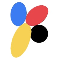 a red, blue, yellow, and black circle on a white background